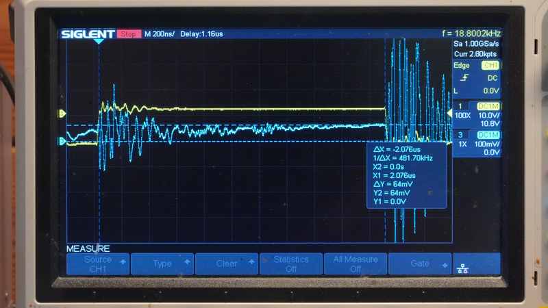 Осциллограмма тока через индуктивность по напряжению на шунте.